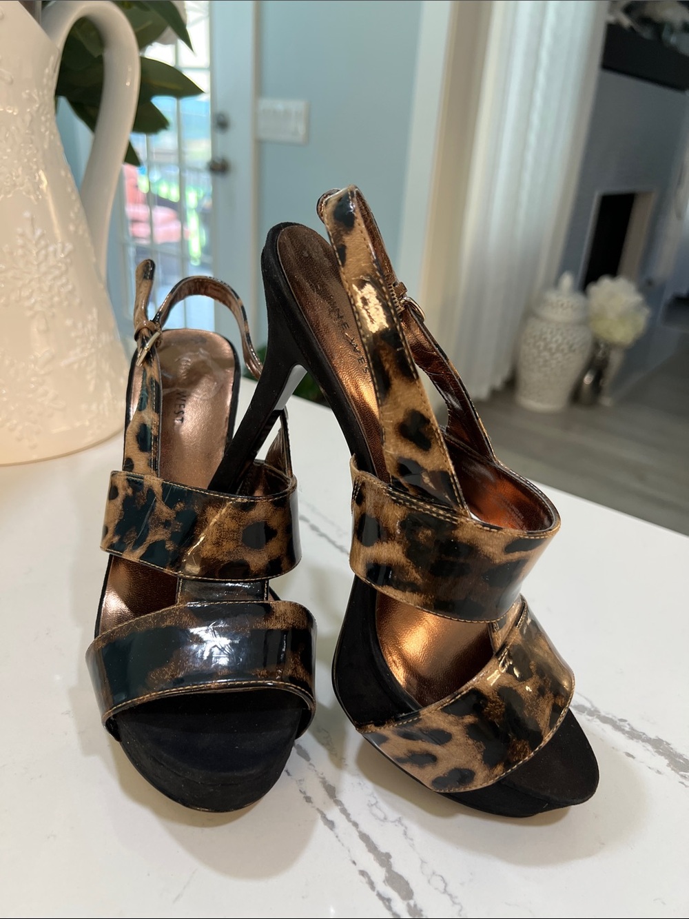 Nine West Leopard-Pattern Patent Slingback Heels
